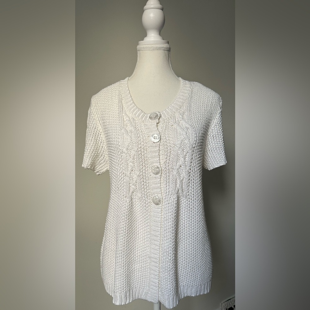 JESSICA White Y2K Knit‎ Cottage Coquette Short Sleeve Cardigan Size M